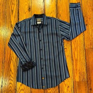 THOMAS DEAN BOYS BLUE STRIPED COTTON DRESS SHIRT WITH CONTRASTING NECK & CUFFS